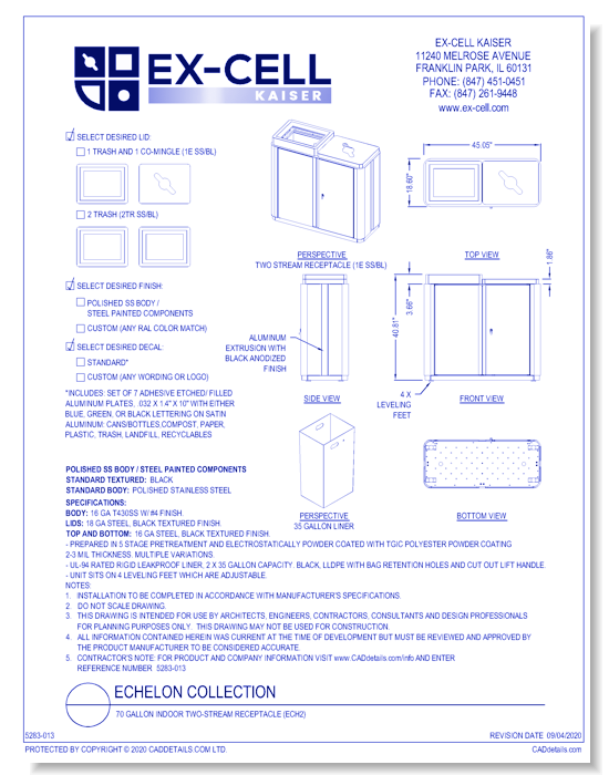 Echelon Collection: 70 Gallon Indoor Two-Stream Receptacle (ECH2)