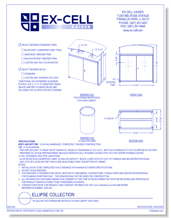 Ellipse Collection: 90 Gallon Two-Stream Receptacle w/ Rain Canopy (RGU-3645)