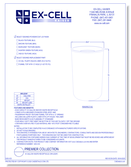 Premier Collection: 45 Gallon Waste Receptacle (WR-2234F)