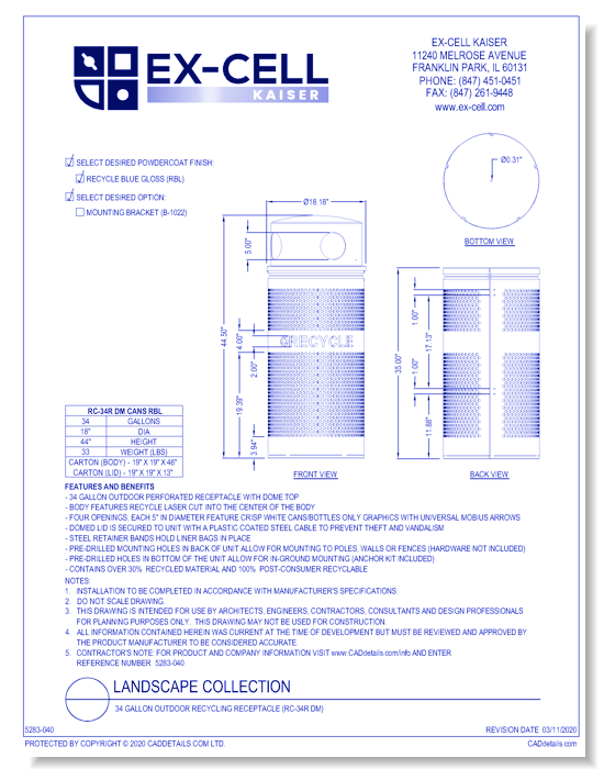 Landscape Collection: 34 Gallon Outdoor Recycling Receptacle (RC-34R DM)