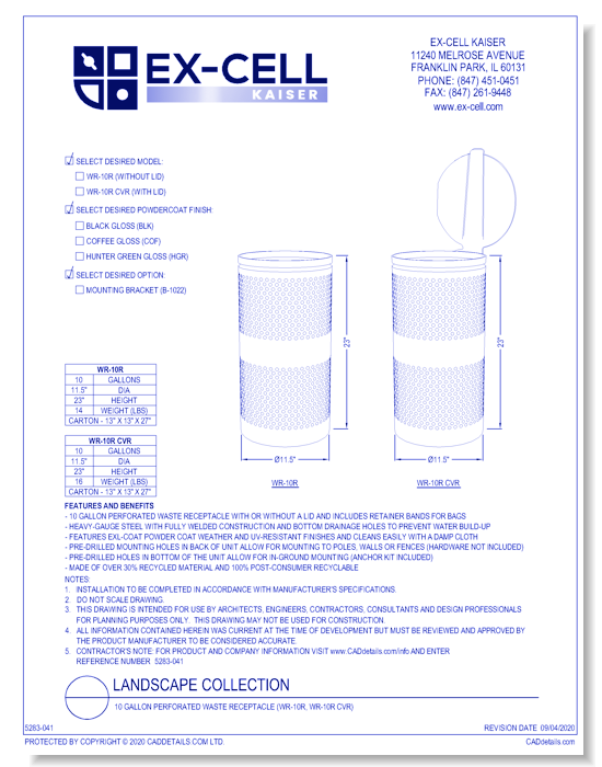 Landscape Collection: 10 Gallon Perforated Waste Receptacle (WR-10R, WR-10R CVR) 