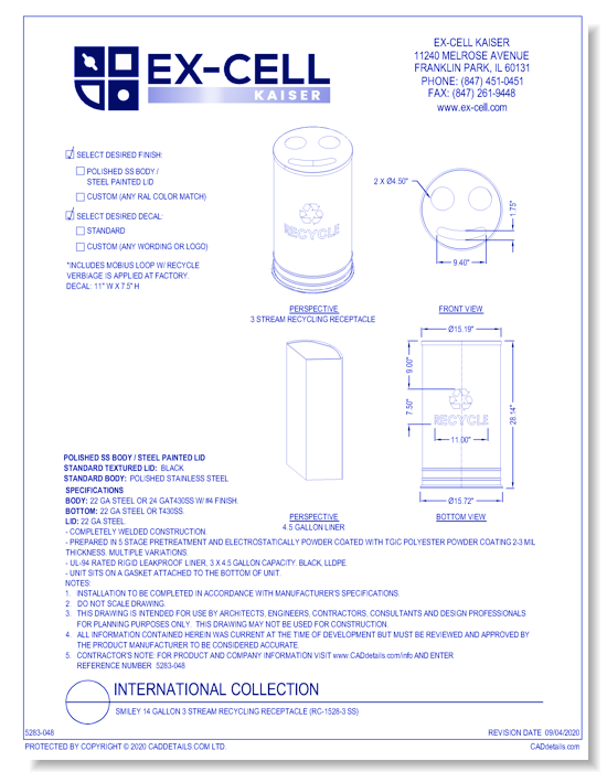 International Collection: Smiley 14 Gallon 3 Stream Recycling Receptacle (RC-1528-3 SS) 
