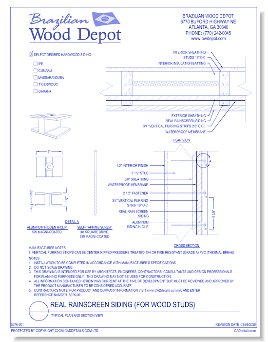 Real Rain Screen™ Siding (Wood Studs): Typical Plan and Section View 