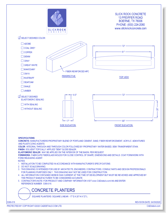 Square Planters: Square Linear - 17" D x 20" H x 72" L