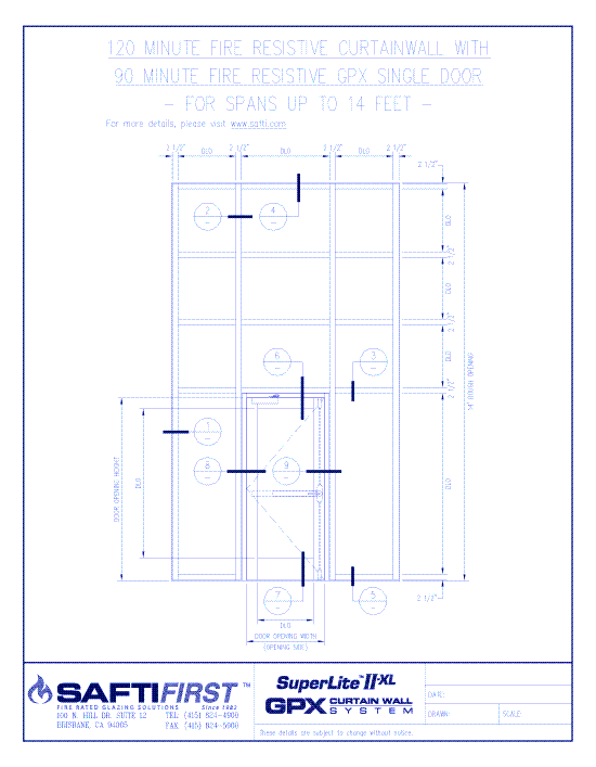 GPX Curtain Wall: 120 Minute Fire Resistive Curtain Wall with 90 Minute Fire Resistive Single Door For Spans over 14 Feet - Exterior