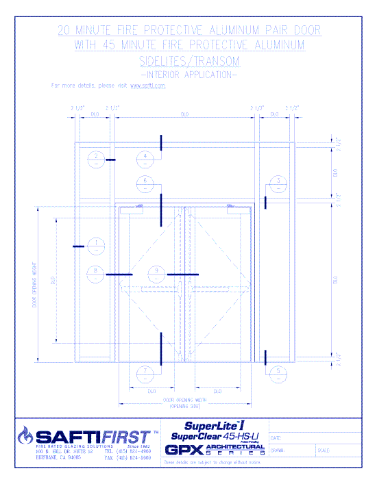 GPX Architectural Series: 20 Minute Fire Protective Aluminum Door Pair with 45 Minute Fire Protective Aluminum Sidelites/Transom – Interior