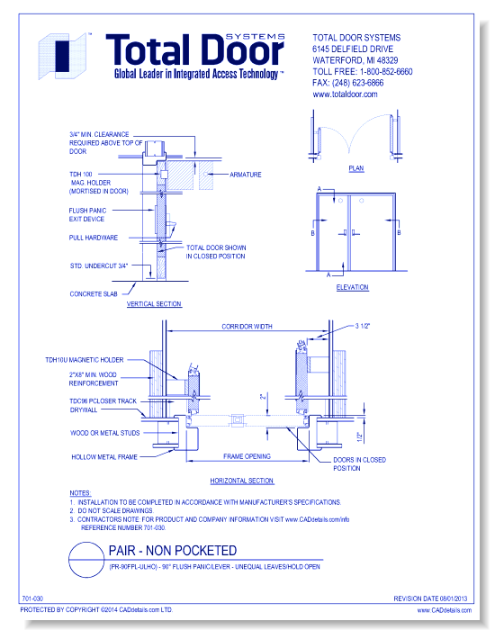 PR-90FPL-ULHO - Pair - 90 Flush Panic / Lever - Unequal Leaves / Hold Open