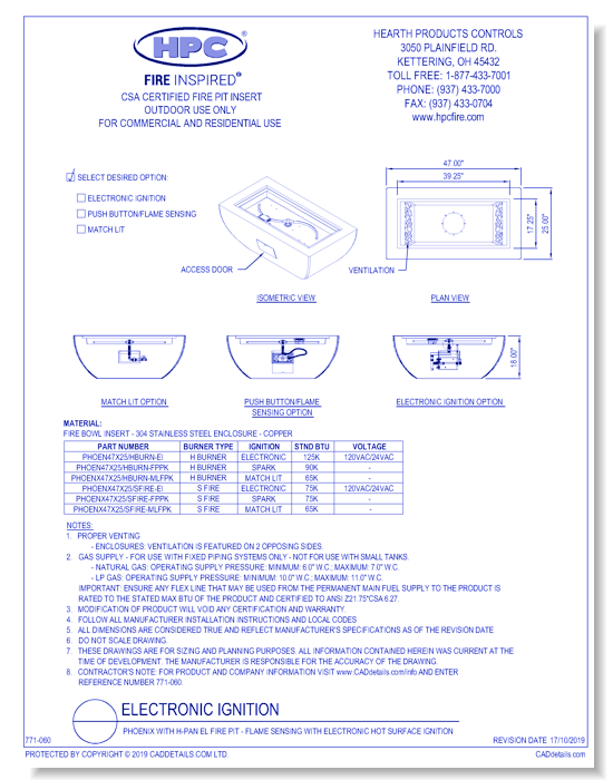Phoenix with H-Pan El Fire Pit - Flame Sensing with Electronic Hot Surface Ignition