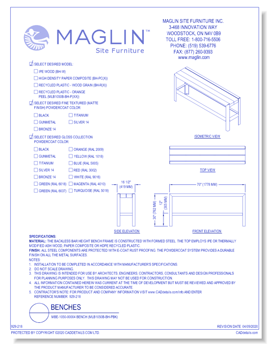 MBE-1050-00004 Bench (MLB1050B-BH-PBK)