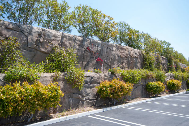 Boulderscape Sculpted Shotcrete Geology Used to Blend In a Multi-Tiered Wall For a Large Community Church  