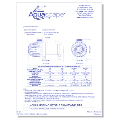 AquaSurge® 4000 & 5000/AquaSurge® 2000-4000 & 4000-8000 Adjustable Flow Pond Pumps