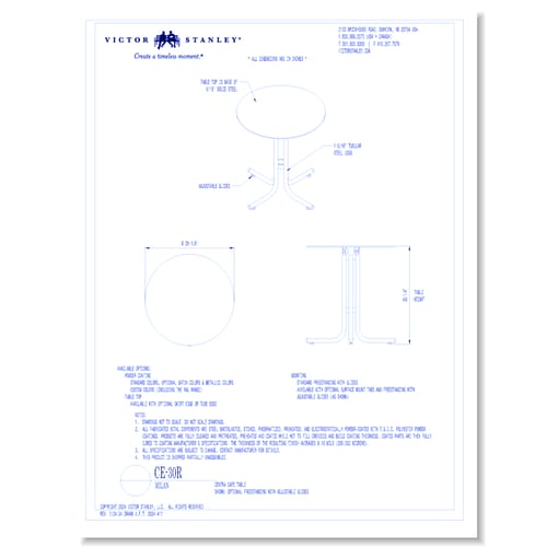 Model CE-30R: 30 in (762 mm) round tabletop, Optional Freestanding with Adjustable Glides