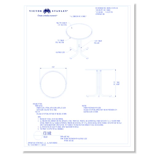 Model CE-30R: 30 in (762 mm) round tabletop, Optional Freestanding with Adjustable Glides, Optional Tube Edge
