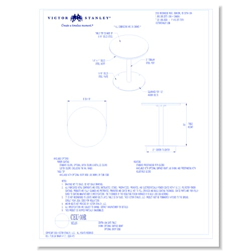 Model CEU-30R: 30 in (762 mm) round tabletop, Optional Surface Mount Tabs, Optional Skirt Edge