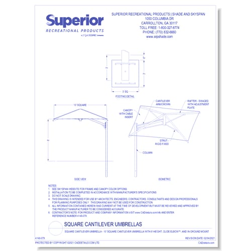 10' Square Cantilever Umbrella with 8' Height, Glide Elbow™, and In-Ground Mount