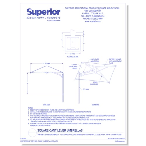 12' Square Cantilever Umbrella with 8' Height, Glide Elbow™, and In-Ground Mount