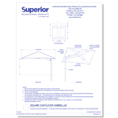 16' Square Cantilever Umbrella with 8' Height, Glide Elbow™, and In-Ground Mount