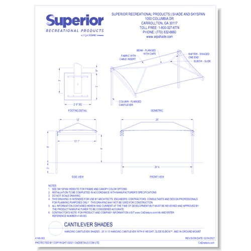 20' x 12' Hanging Cantilever with 8' Height, Glide Elbow™, and In-Ground Mount