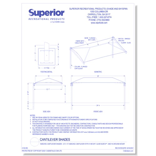 24' x 14' Hanging Cantilever with 8' Height, Glide Elbow™, and In-Ground Mount