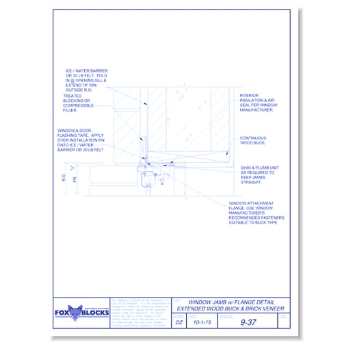Window Jamb with Flange Extended Wood Buck and Brick Veneer