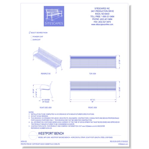 Model WP1-2060: WestPort Backed Bench - Horizontal Strap, Eight Foot Length, Steel Loop Ends