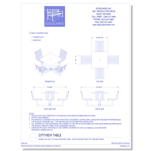 Model CV6-1220: CityView Carousel Table - 36inch Square Table Top, 4 Backed Chairs
