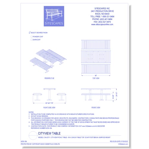 Model CV6-5371: CityView Picnic Table - 96 x 30inch Table Top, Eight Foot Bench, Surface Mount
