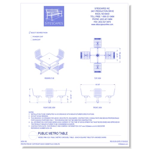 Model PM6-1220: Public Metro Carousel Table - 36inch Square Table Top, 4 Backed Chairs