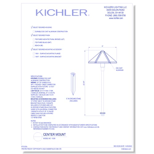 Model:  15326 - Center Mount (Finish Available in AZT, BE, BKT)