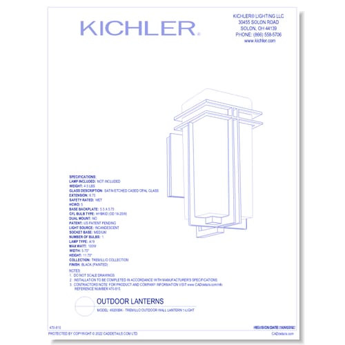Model: 49200BK - Tremillo Outdoor Wall Lantern 1-Light