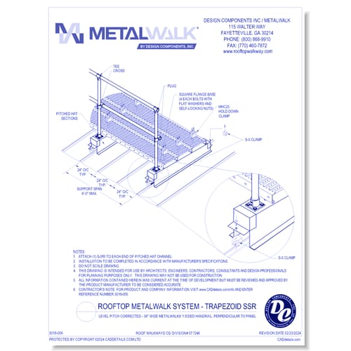 Level Pitch Corrected - 36" Wide Metalwalk® 1 Sided Handrail, Perpendicular To Panel