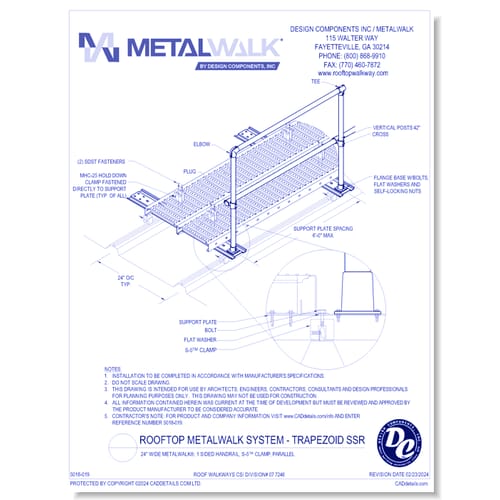 24" Wide Metalwalk®, 1 Sided Handrail, S-5™ Clamp, Parallel