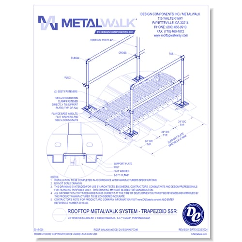 24" Wide Metalwalk®, 2 Sided Handrail, S-5™ Clamp, Perpendicular