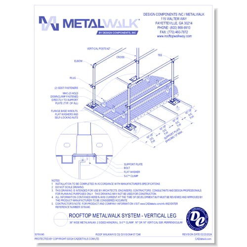 36" Wide Metalwalk®, 2 Sided Handrail, S-5™ Clamp, 16" - 18" Vertical SSR, Perpendicular