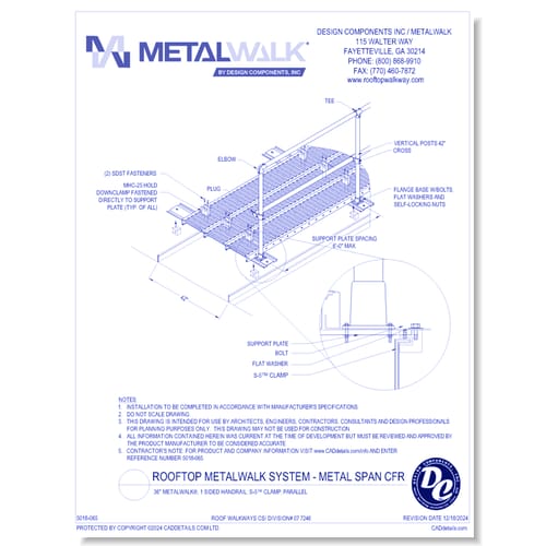 36" Wide Metalwalk®, 1 Sided Handrail, S-5™ Clamp, Parallel