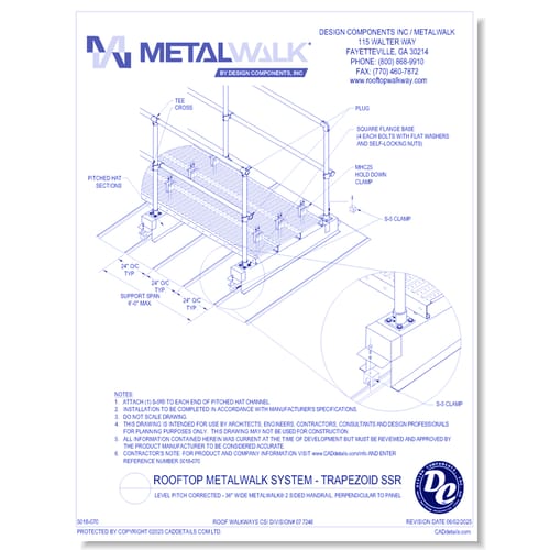 Rooftop Metalwalk System - Trapezoid SSR - Level Pitch Corrected - 36" Wide Metalwalk® 2 Sided Handrail, Perpendicular to Panel