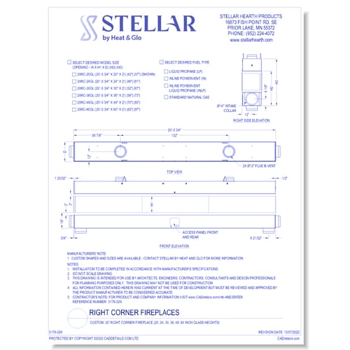 Custom: 20' Right Corner Fireplace (20, 24, 30, 36, 48, 60 Inch Glass Heights)