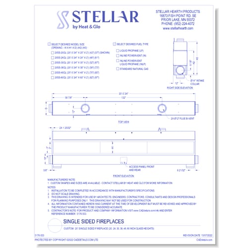 Custom: 20' Single Sided Fireplace (20, 24, 30, 36, 48, 60 Inch Glass Heights)