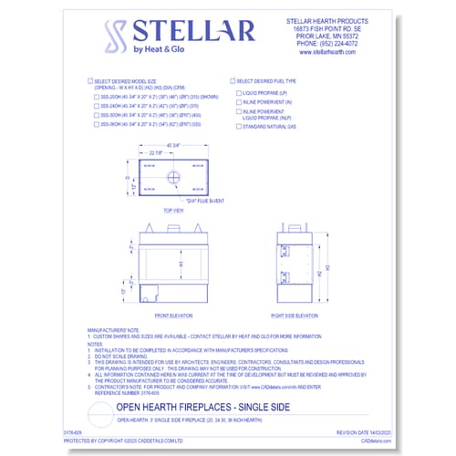 Open Hearth: 3' Single Side Fireplace (20, 24, 30, 36 Inch Glass Heights)