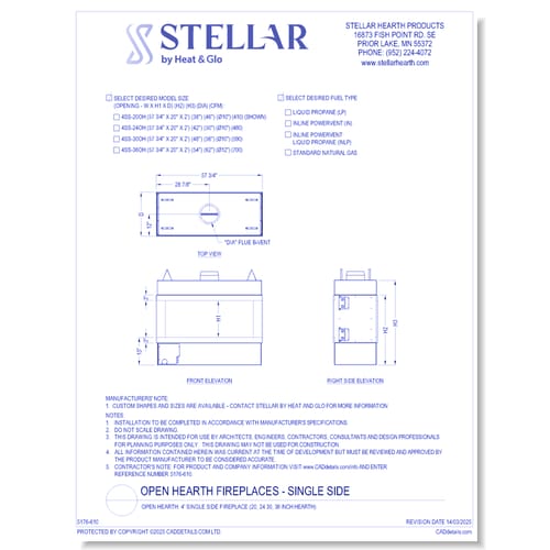 Open Hearth: 4' Single Side Fireplace (20, 24, 30, 36 Inch Glass Heights)