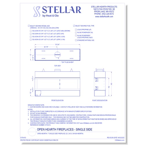 Open Hearth: 7' Single Side  Fireplace (20, 24, 30, 36 Inch Glass Heights)