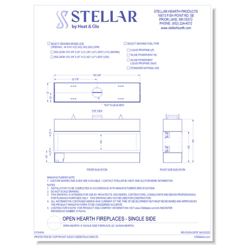 Open Hearth: 8' Single Side Fireplace (20, 24 Inch Glass Heights)