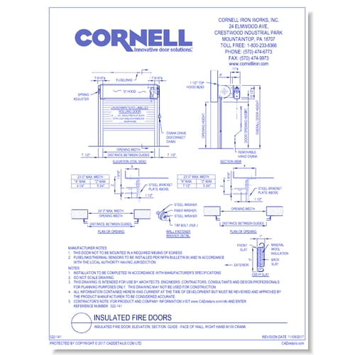 Insulated Fire Door, Elevation, Section, Guide - Face of Wall, Right Hand M100 Crank