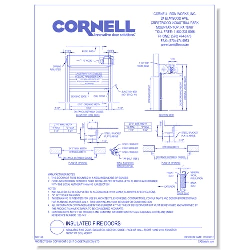 Insulated Fire Door, Elevation, Section, Guide - Face of Wall, Right Hand M100 FS Motor, Front of Coil Mount