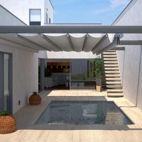 Tecnic & Tecnic One Pergola® Trellis or Structure Mounted Retractable Fabric Roofs For Residences, Resturants & Hotels