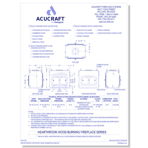 HR-36-IO-ARCH: Hearthroom 36 Indoor/Outdoor Wood Burning Zero Clearance Fireplace- Tested & Listed to UL-127, CAN/ ULC-S610