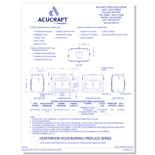 HR-44-IO-ARCH: Hearthroom 44 Indoor/Outdoor Wood Burning Zero Clearance Fireplace- Tested & Listed to UL-127, CAN/ ULC-S610