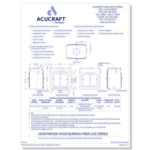 HR-48-IO-ARCH: Hearthroom 48 Indoor/Outdoor Wood Burning Zero Clearance Fireplace- Tested & Listed to UL-127, CAN/ ULC-S610