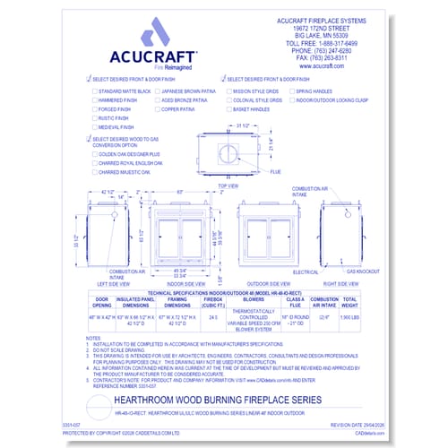 HR-48-IO-RECT: Hearthroom 48 Indoor/Outdoor Wood Burning Zero Clearance Fireplace- Tested & Listed to UL-127, CAN/ ULC-S610