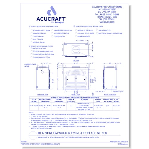 HR-44-SS-ARCH: Hearthroom 44 Single-Sided Wood Burning Zero Clearance Fireplace- Tested & Listed to UL-127, CAN/ ULC-S610